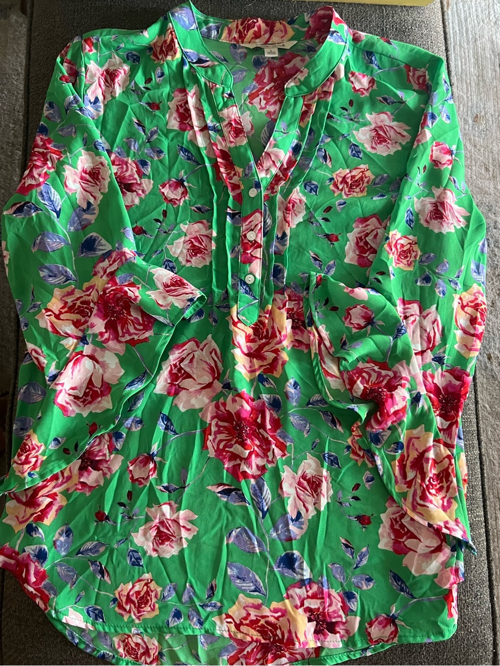 Pioneer Women Floral Button-Front Pink Green Blouse L
